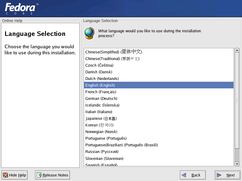 Fedora Core installatie - Taal selectie