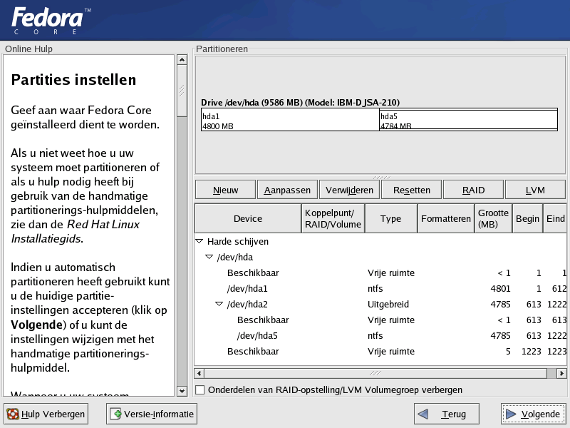 Fedora Core Installatie - partiotioneren