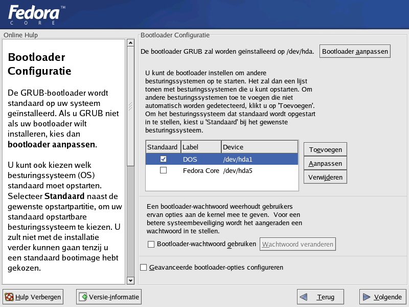 Fedora Core Installatie - Grub configuratie