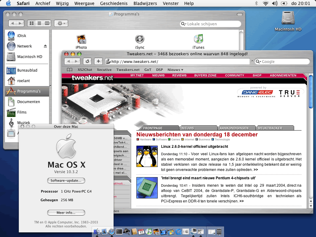 Apple Mac OS X 10.2.3 op Roelant's Apple Powerbook G4 (groot)