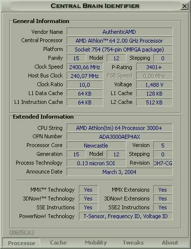Central Brain Identifier screenshot, AMD Athlon 64 3000+ Model C @ 2400 MHz