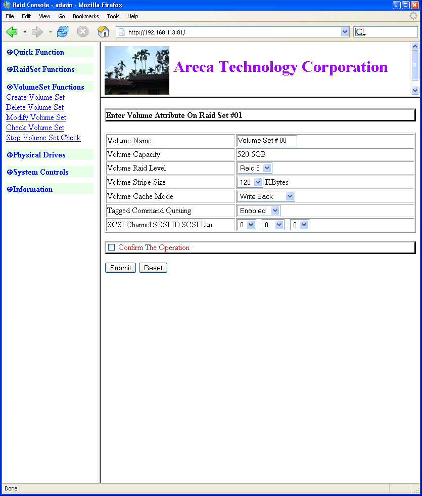 Areca ARC-1120 webbased management interface