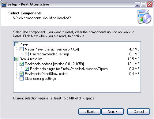 Real Alternative 1.34 installatie screen
