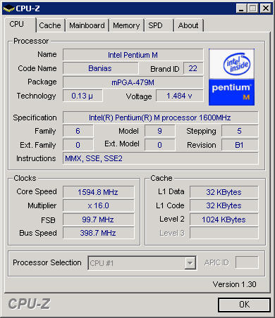 CPU-Z 1.30 screenshot