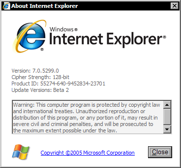 Internet Explorer 7 build 5299 - About