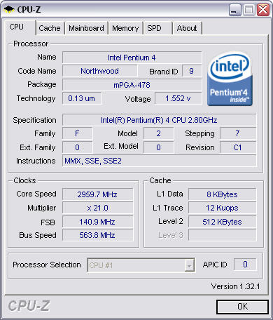 CPU-Z 1.32.1 screenshot met de nieuwe Intel logo's