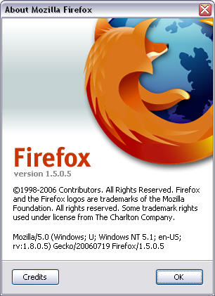 Mozilla Firefox 1.5.0.5 about scherm