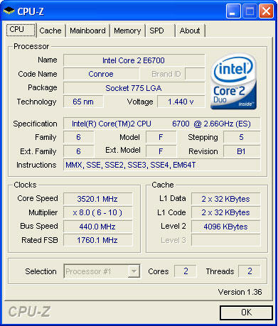 CPU-Z 1.36 met Intel Core 2 E6700