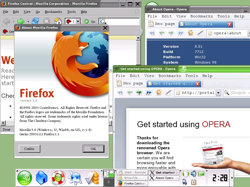 Wine screenshot met Firefox en Opera