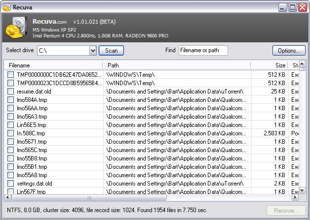 Recuva 1.01.021 beta screenshot