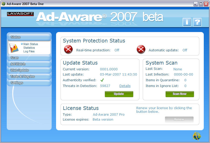 Ad-Aware 2007 beta screenshot