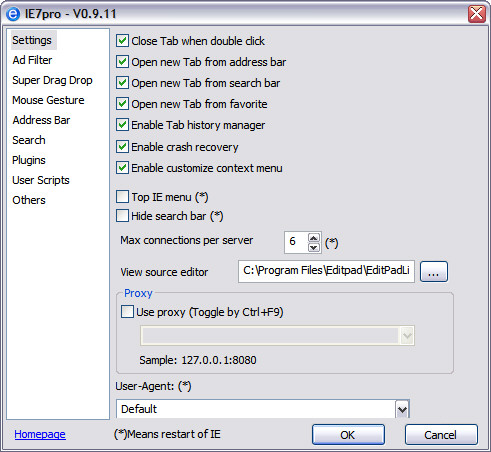 IE7pro 0.9.11 preferences screenshot