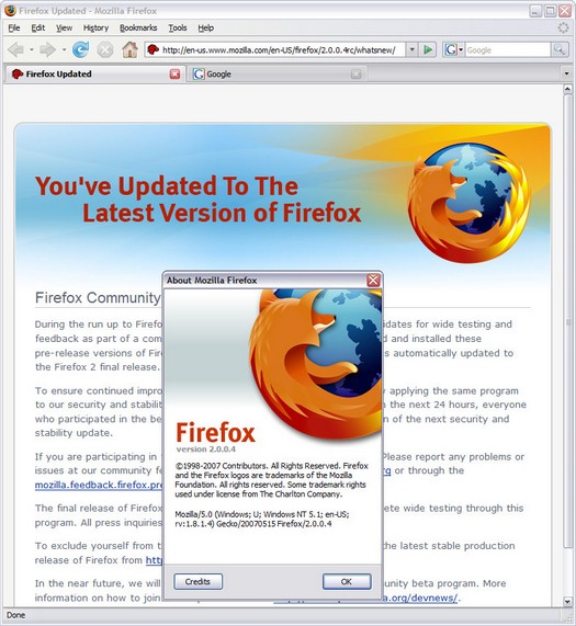 Mozilla Firefox 2.0.0.4 screenshot (resized)