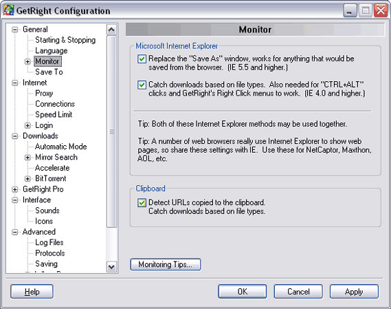 GetRight configuratie screenshot