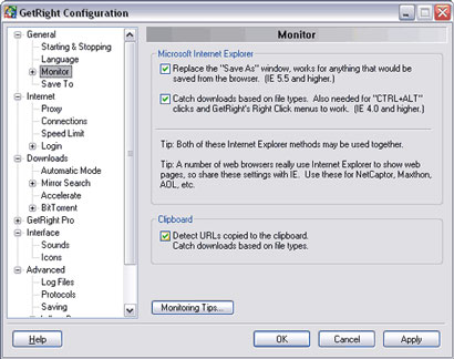 GetRight configuratie screenshot (410 pix)