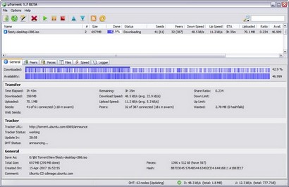 �Torrent 1.7 beta screenshot (410 pix)