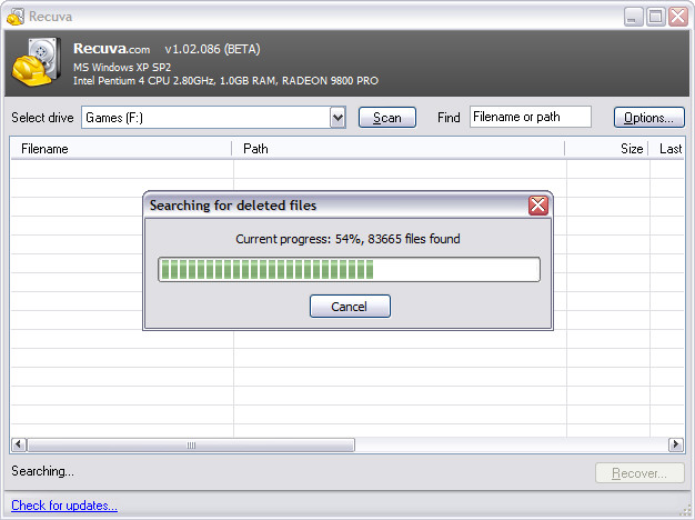 Recuva 1.02.086 beta screenshot