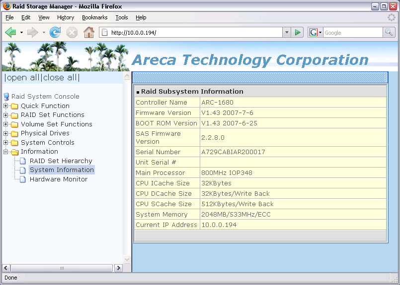 Areca ARC-1680 RAID Storage Manager screenshot