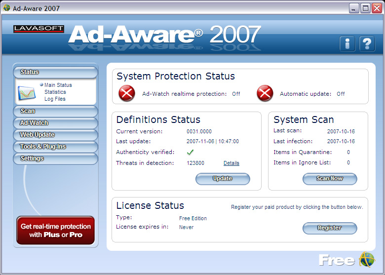 Ad-Aware 2007 - hoofdscherm