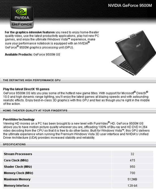 nVidia GeForce 9500m specsheet