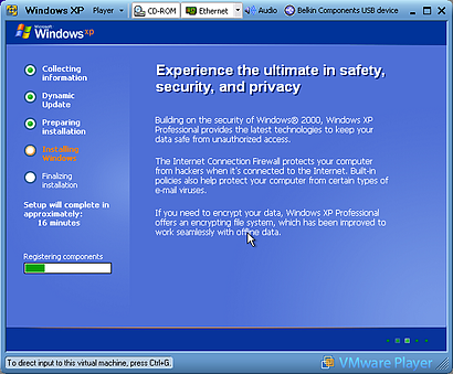 Vmware Player tijdens de installatie van Windows XP
