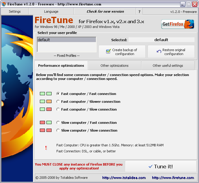 FireTune 1.2.0 screenshot