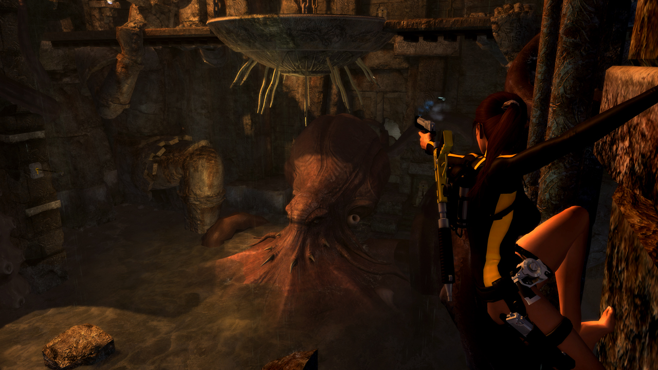 Lara vecht met een Kraken in Tomb Raider: Underworld