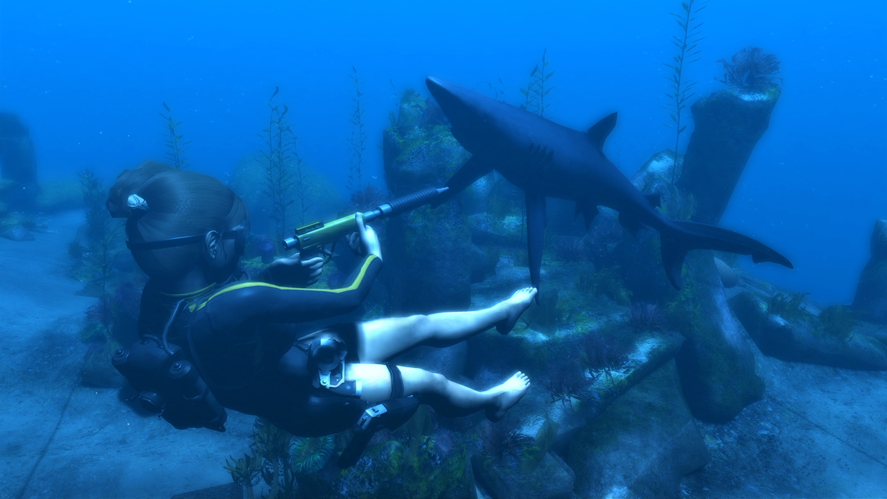 Lara vecht met een haai in Tomb Raider: Underworld