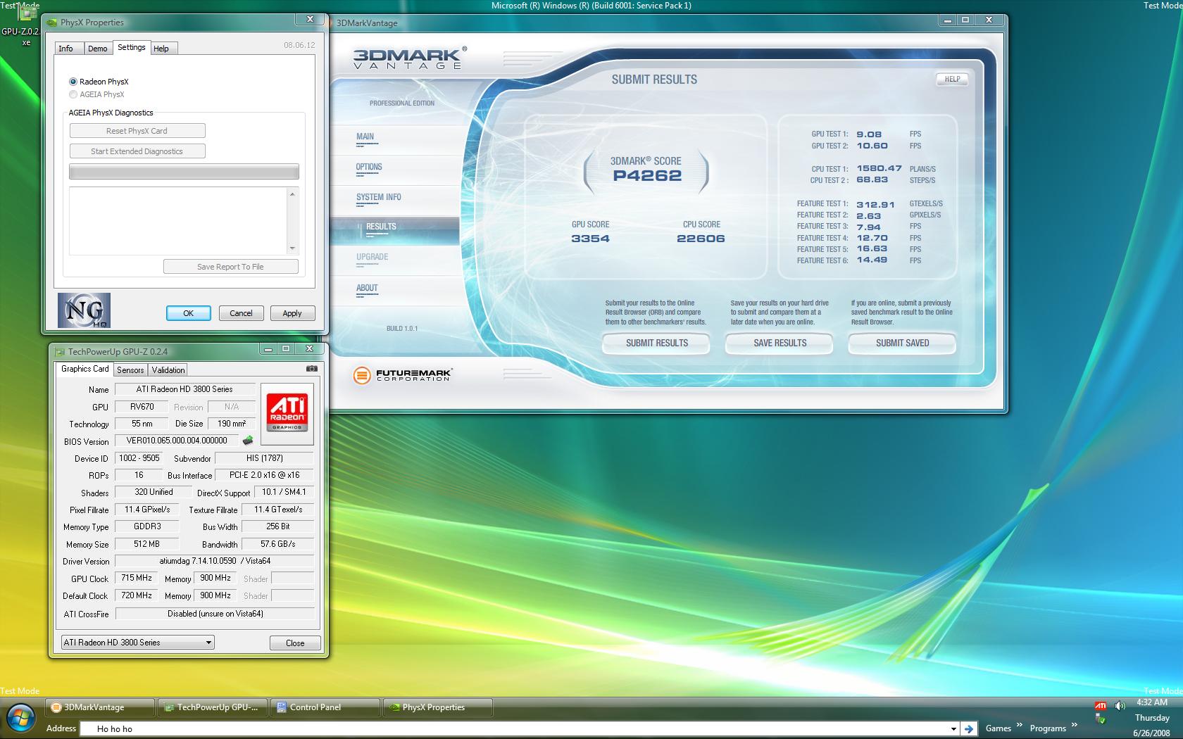 Benchmarkresultaten van ATI Radeon HD3850 met Physx-ondersteuning in 3dMark Vantage