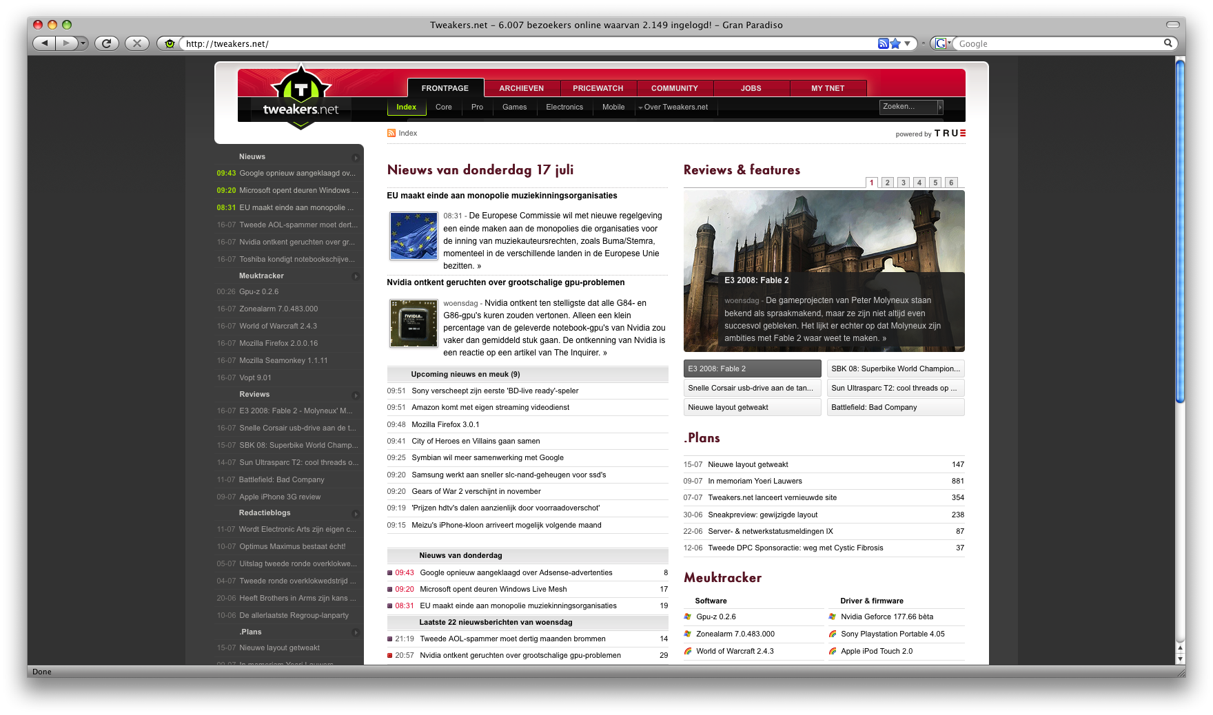 Tweakers.net-frontpage in Firefox 3.0.1 (groot)