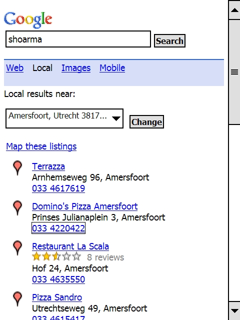 Google Local zoekresultaten dichtbij locatie