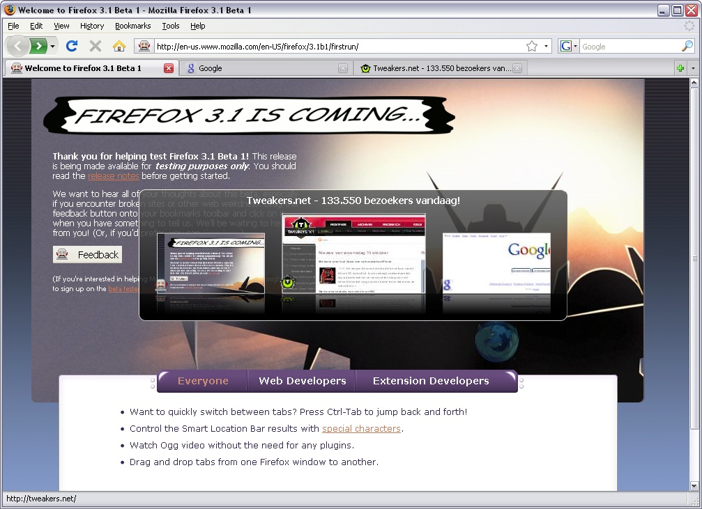 Mozilla Firefox 3.1 b�ta 1 screenshot