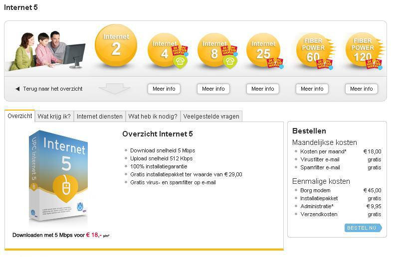UPC-abonnementen op website
