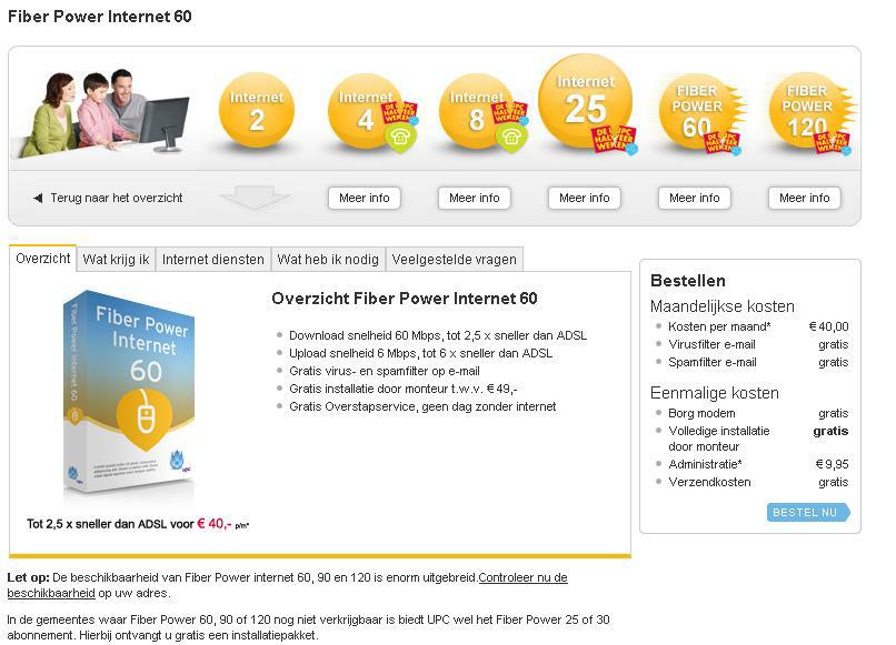 UPC-abonnementen op website