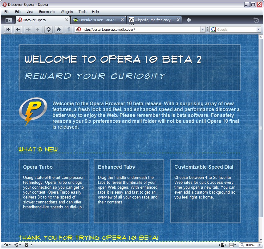 Opera 10 beta 2 screenshot