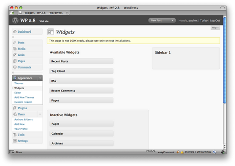 WordPress 2.8 admin panel screenschot (481 pix)