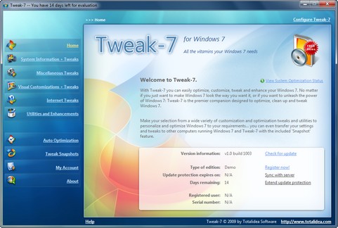 Tweak-7 1.0 build 1003 screenshot (481 pix)