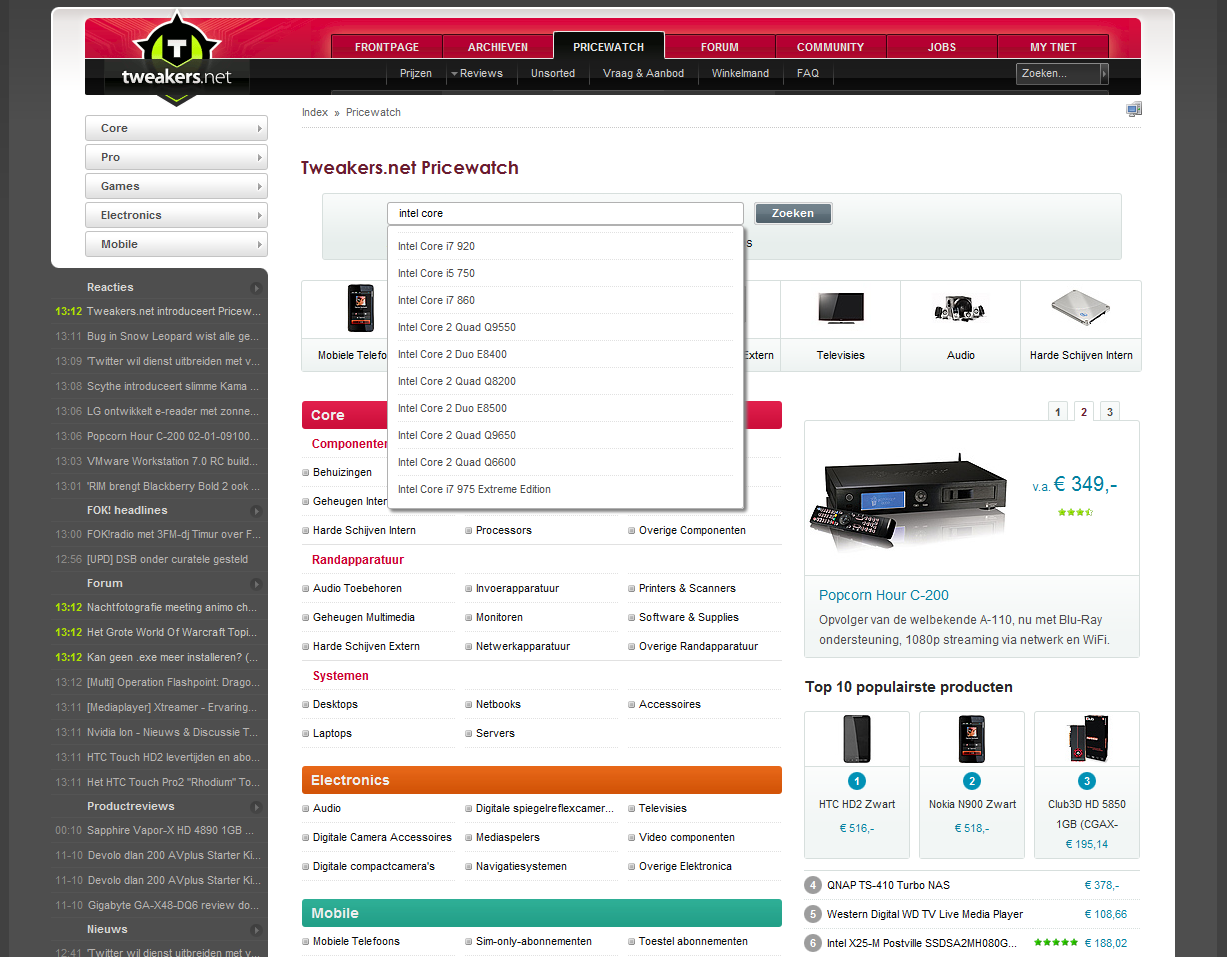 Pricewatch 3.0 homepage search met quicklinks