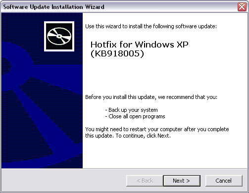 Microsoft hotfix KB918005