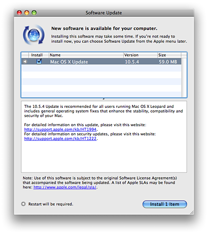 Apple Mac OS X 10.5.4 in Software Update