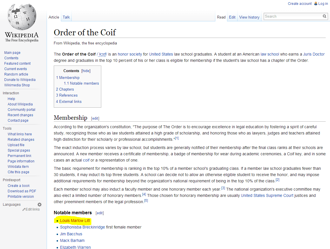 Wikipedia: Order of the Coif | Louis Litt