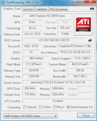 GPU Z overclock 850/1100
