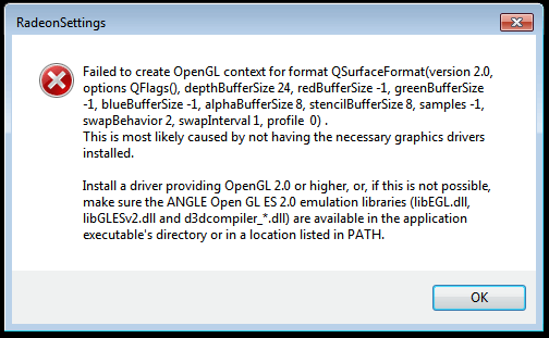 Radeon settings error - failed to create OpenGL context for format QSurfaceFormat