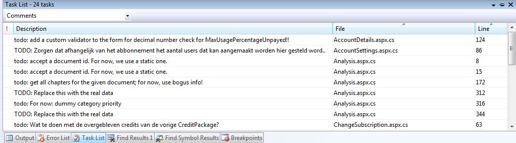 Screenshot van de tasklist is VS2008 Screenshot van de tasklist is VS2008