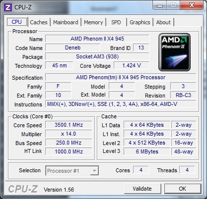 AMD Phenom II X4 945 C3 @ 3500GHz (14X250)