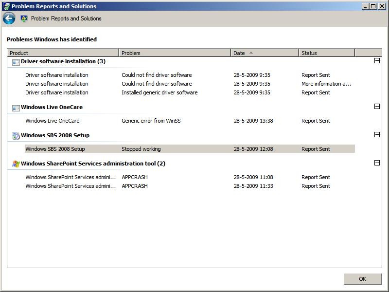 SBS 2008 installation failed