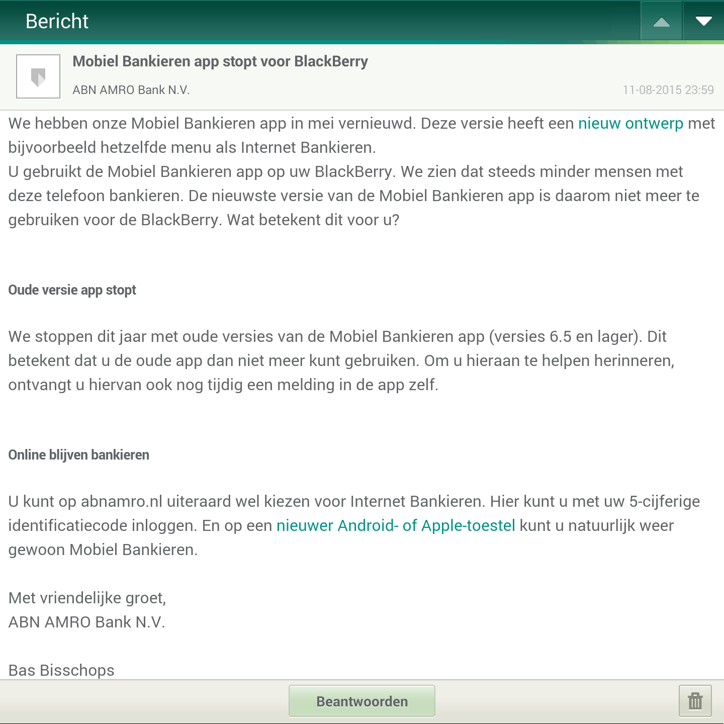 ABNAmro stop met BlackBerry notice ABNAmro stop met BlackBerry notice