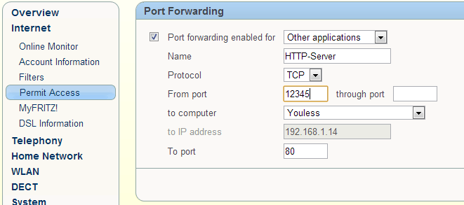 FritzBox 7340 Youless portforwarding