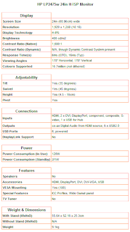 De specificaties van de HP LP2475w