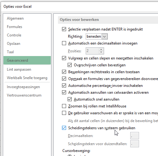 decimaalteken instellen